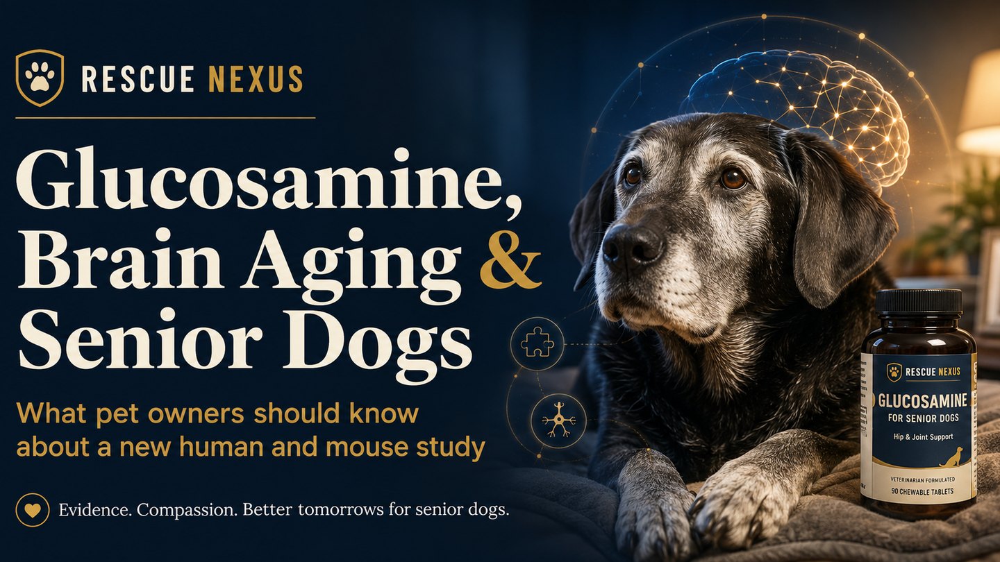 Senior dog with brain aging and glucosamine supplement educational graphic