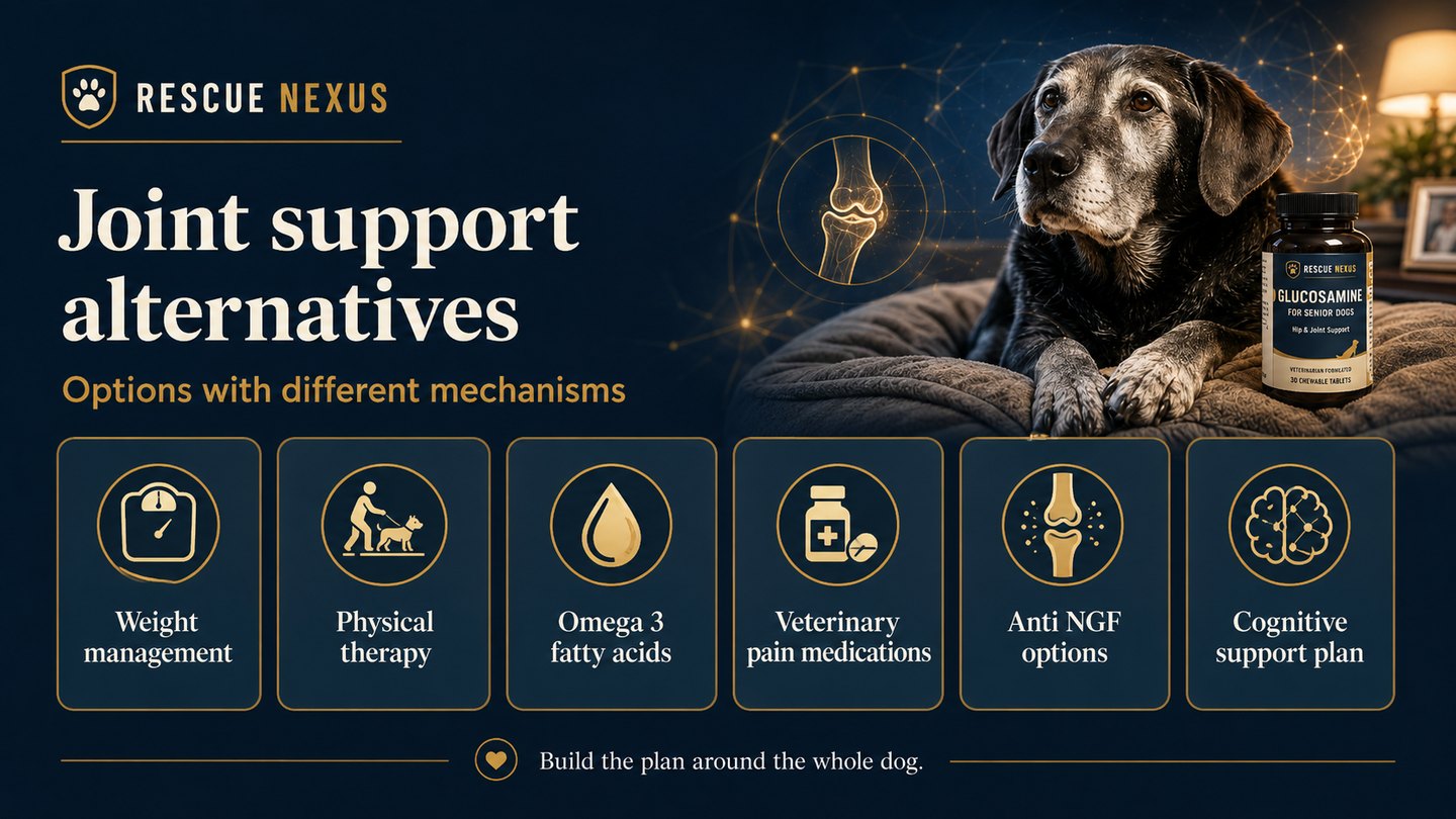 Joint support alternatives including weight management, physical therapy, omega 3 fatty acids, veterinary pain medications, anti NGF options, and cognitive support plan