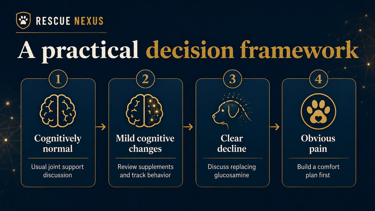Four card practical decision framework for cognitively normal dogs, mild cognitive changes, clear decline, and obvious pain