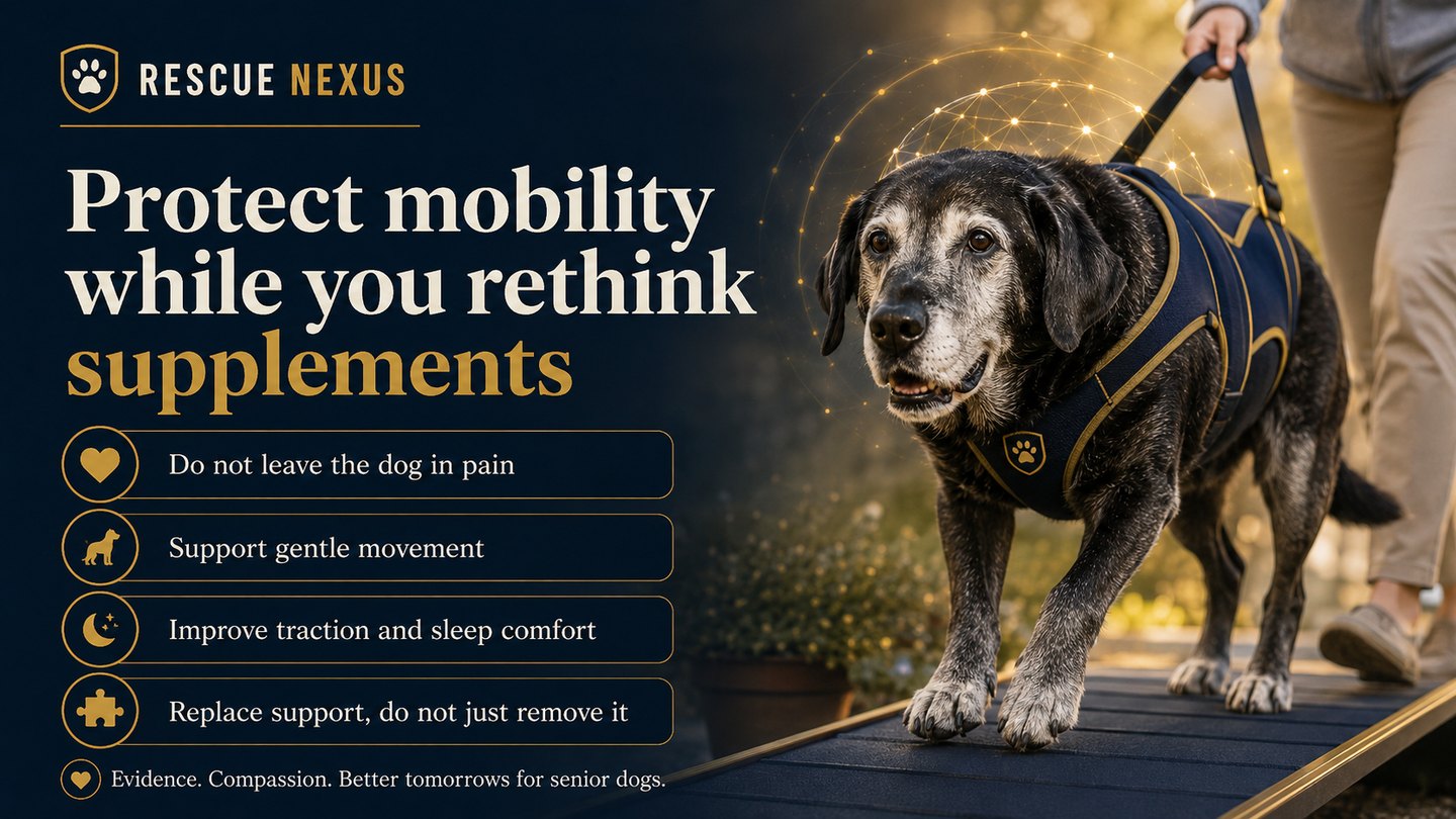 Senior dog walking with harness support while supplement options are reconsidered