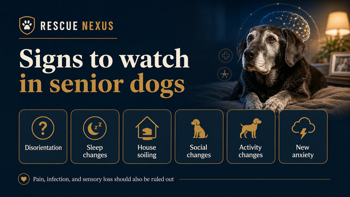 Six signs to watch in senior dogs including disorientation, sleep changes, house soiling, social changes, activity changes, and new anxiety