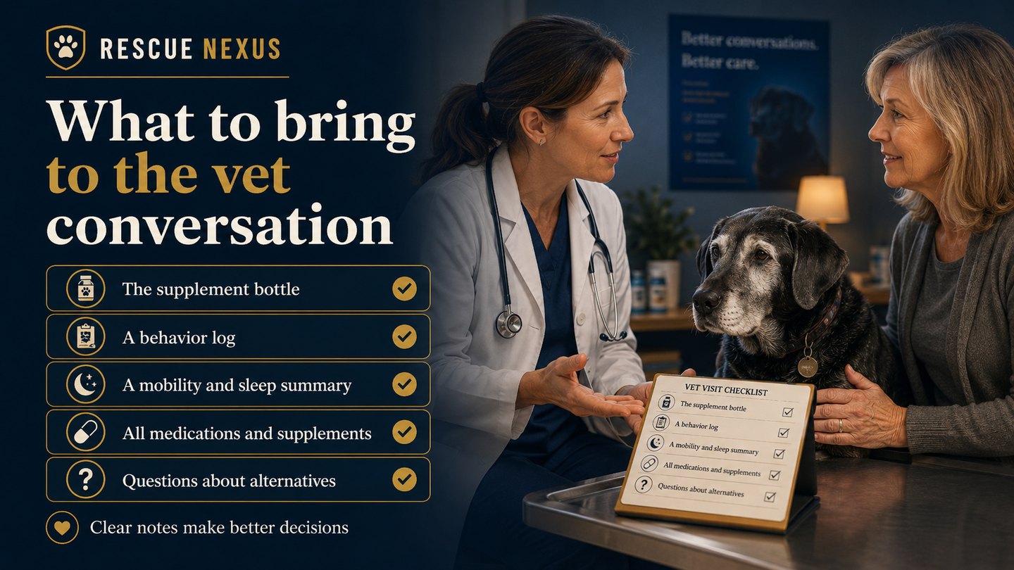 Veterinarian conversation checklist for supplement bottle, behavior log, mobility and sleep summary, medications, supplements, and alternatives
