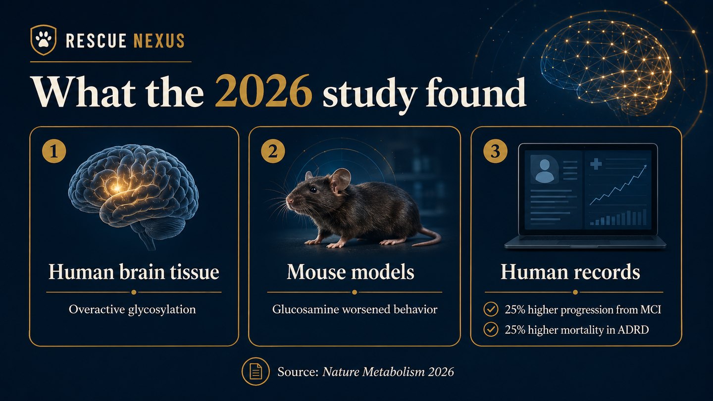 Infographic summarizing the 2026 Nature Metabolism study using human brain tissue, mouse models, and human records