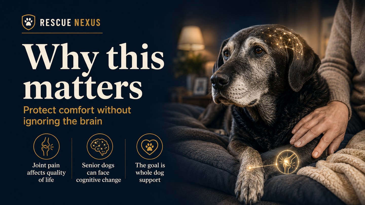 Senior dog resting with caregiver support and comfort focused brain and joint cues